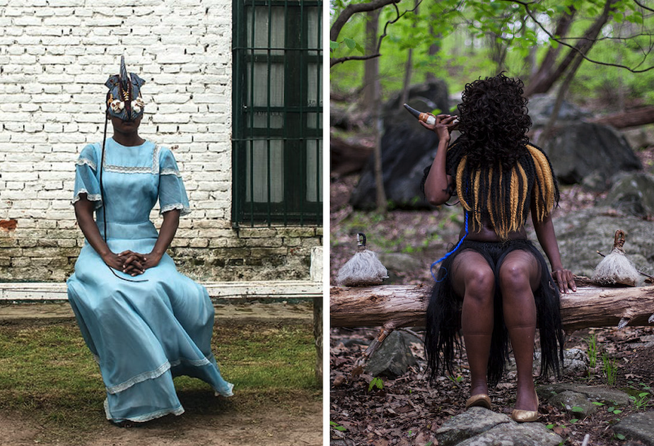 Adama Delphine Fawundu (born 1971, Brooklyn, NY; active New York, NY). Left: Black Like Blue in Argentina, 2018. Inkjet print on canvas knotted with hair. Courtesy of the artist and Hesse Flatow. Right: Aligned with Sopdet, 2017. Inkjet print. Museum purchase, Fowler McCormick, Class of 1921, Fund (2021-90)