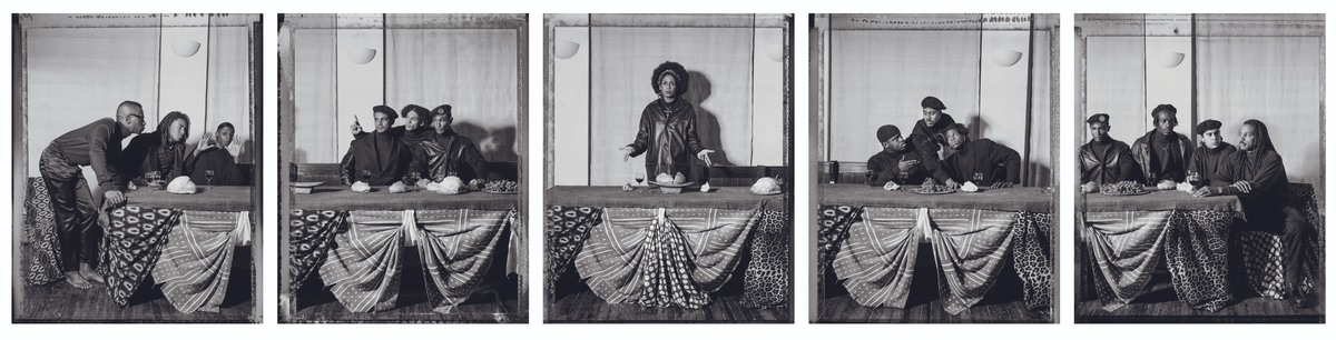 Renée Cox, Black Panther Last Supper, 1993, printed 2023, from the series Yo Mama. Five inkjet prints mounted on aluminum, 91.4 × 73.7 cm each. Courtesy KODA, New York. © Renée Cox