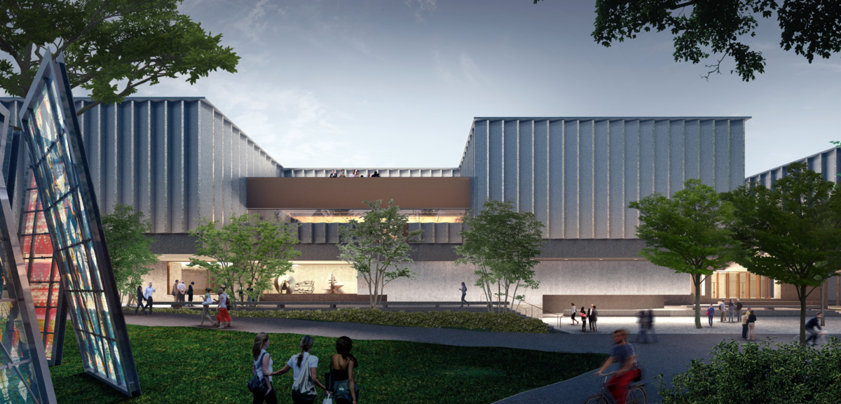 Rendering of the new Museum building. This view from the west suggests the interplay of the solid forms of the anchoring pavilions and the bronze and glass “lens” moments positioned between them; to the left, the sculpture Any (Body) Oddly Propped by Mike and Doug Starn. © Adjaye Associates
