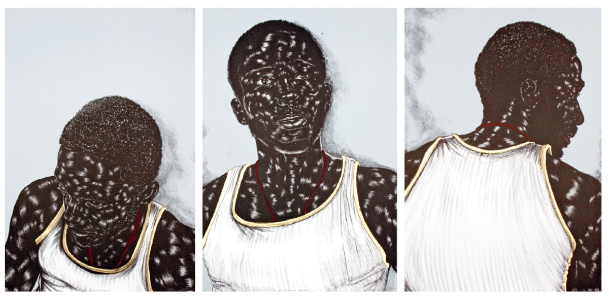 Toyin Ojih Odutola (born 1985, Ile-Ife, Nigeria; active New York, NY), Birmingham, 2014. Published by Tamarind Institute, founded 1960. Triptych; lithographs with gold leaf; 61 × 41.9 cm (each). Museum purchase, Felton Gibbons Fund. © Toyin Ojih Odutola / Courtesy of Tamarind Institute