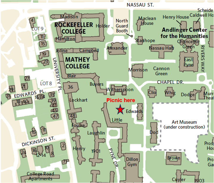 map of Princeton University's campus with a star marking the picnic location behind Little Hall.
