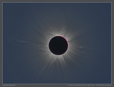 A composite of several dozen images taken during the 2013 total solar eclipse, viewed from Gabon by Jay Pasachoff; his student Allen Davis, Williams College Class of 2014 (now at Yale University); and his colleague Vojtech Rušin from Slovakia; and processed by Miloslav Druckmüller, Technical University of Brno, Czech Republic