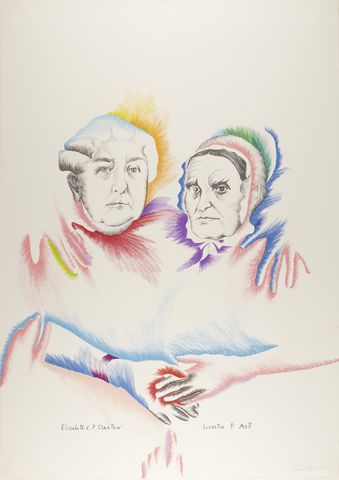 Sketch of two women's heads facing the viewer. Their faces are outlined in red, yellow green, and blue pencil strokes.