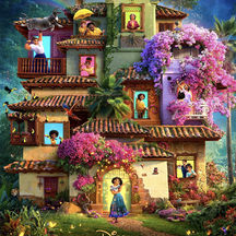 Movie poster for Encanto with a multilevel house with people in each window.