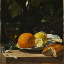 still life painting of a dish with fruit