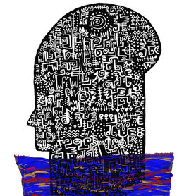 Drawing of a stylized profile head with small drawings covering it with a blue and red rectangle.