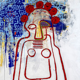 Abstract painting of a figure in red with splatters of blue on the left side.