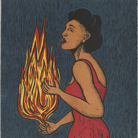 A Black woman in a red sleeveless dress holds an orange and yellow flame in her right hand and sings