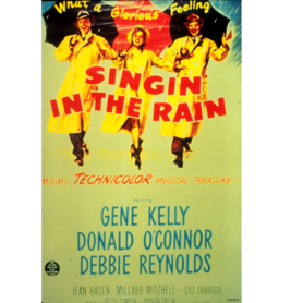 Movie poster with 3 people in yellow raincoats holding umbrellas with the title and actor names.