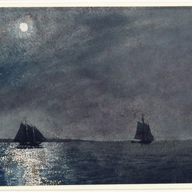 A dark sea scene with two ships seen in silhouette in the distance.