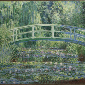 Impressionist painting of a bridge arching over a pond with waterlilies