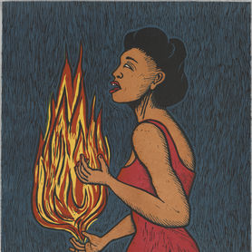 In a linocut print, a dark skinned woman in profile wears a red dress and holds flames in her hands