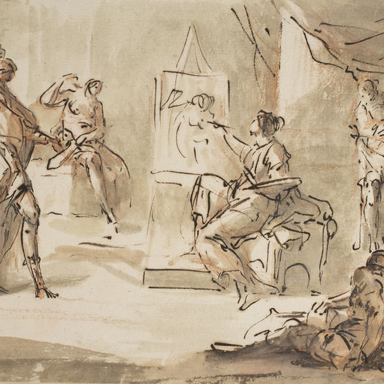 Domenico Mondo (Italian, 1723–1806), Apelles Painting Campaspe, ca. 1790. Pen and brown ink and brush and brown and gray wash, with red chalk, on cream laid paper, 18.8 x 28.1 cm. Museum purchase, Felton Gibbons Fund (2006-49)