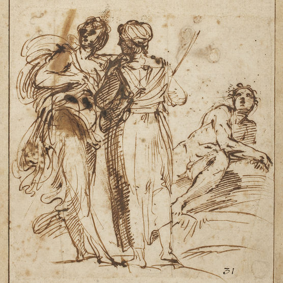 Annibale Carracci, Italian, 1560 – 1609, Two Standing Women and a Reclining Male Nude, ca. 1596–97. Pen and iron gall ink over traces of red chalk on beige laid paper. Museum purchase, Fowler McCormick, Class of 1921, Fund  (2008-43) 