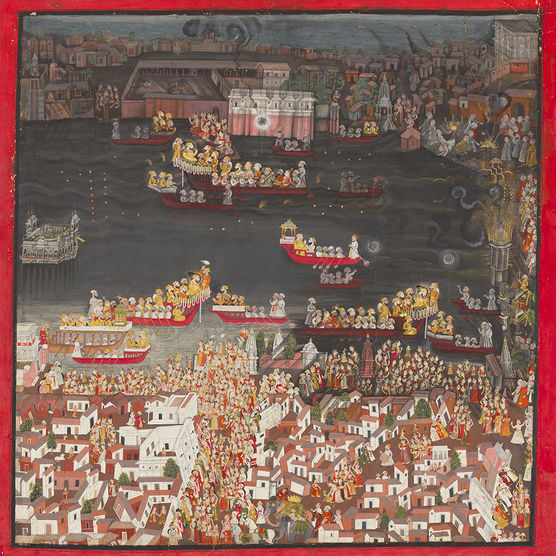 Square painting of hundreds of figures, in a city with a body of water and people in boats