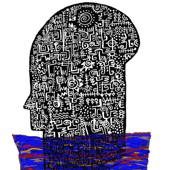 Drawing of a stylized profile head with small drawings covering it with a blue and red rectangle.