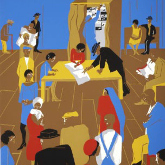 Jacob Lawrence (American, 1917–2000), The 1920’s. . . The Migrants Arrive and Cast Their Ballots (detail), 1974, printed 1975. Serigraph.  Gift of Lorillard, a Division of Loews Theatres, Inc. (x1976-286). © 2013 Artists Rights Society (ARS), New York