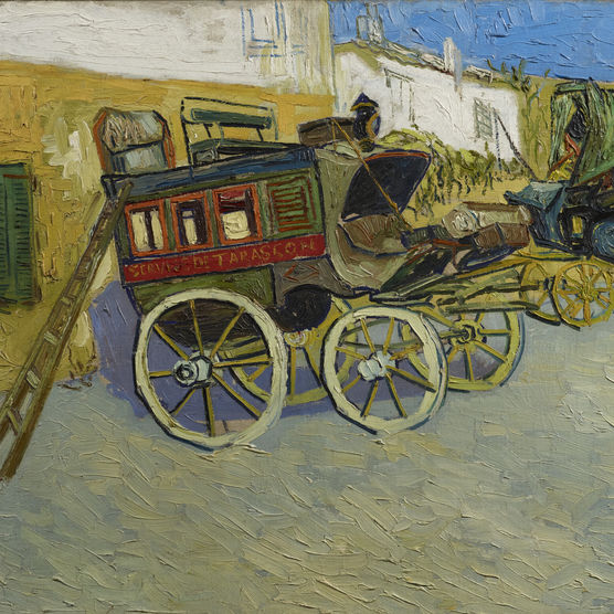 Brightly colored painting of a red stagecoach in front of a yellow building.
