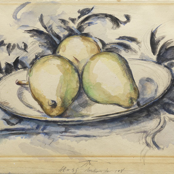 watercolor still life painting of a dish with three pears