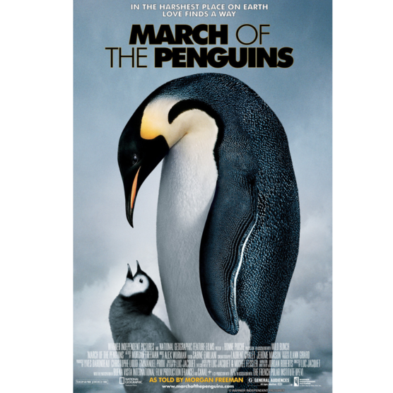  Movie poster with title and a large penguin looking down on a baby penguin