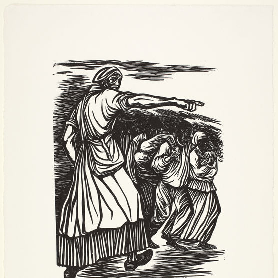 Linocut print depicting Harriet Tubman directing a group of fugitive slaves along a path of the Underground Railroad.