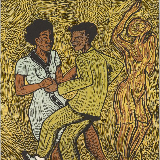 In a linocut print, people dance energetically surrounded by a yellow background