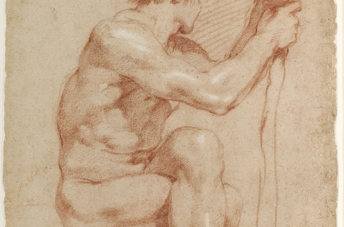 Line drawing of a seated male nude using an orange chalk