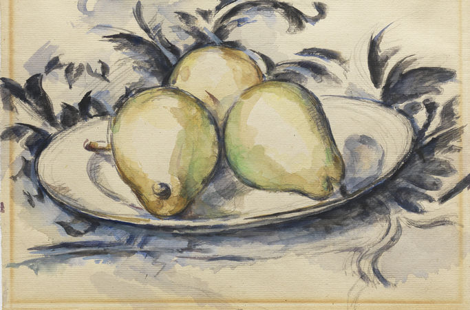 watercolor still life painting of a dish with three pears