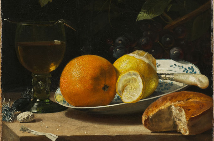 still life painting of a dish with fruit