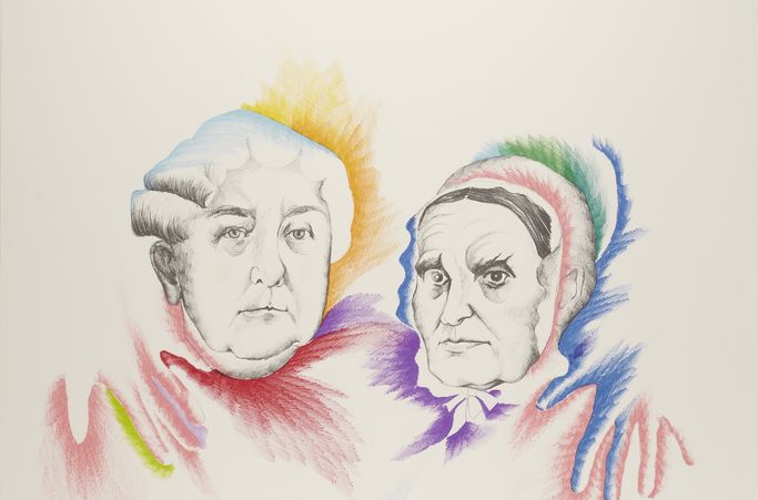 Sketch of two women's heads facing the viewer. Their faces are outlined in red, yellow green, and blue pencil strokes.