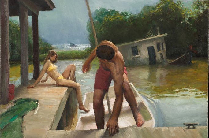 Person climbing out of a boat onto an L-shaped dock, figure reclining in background