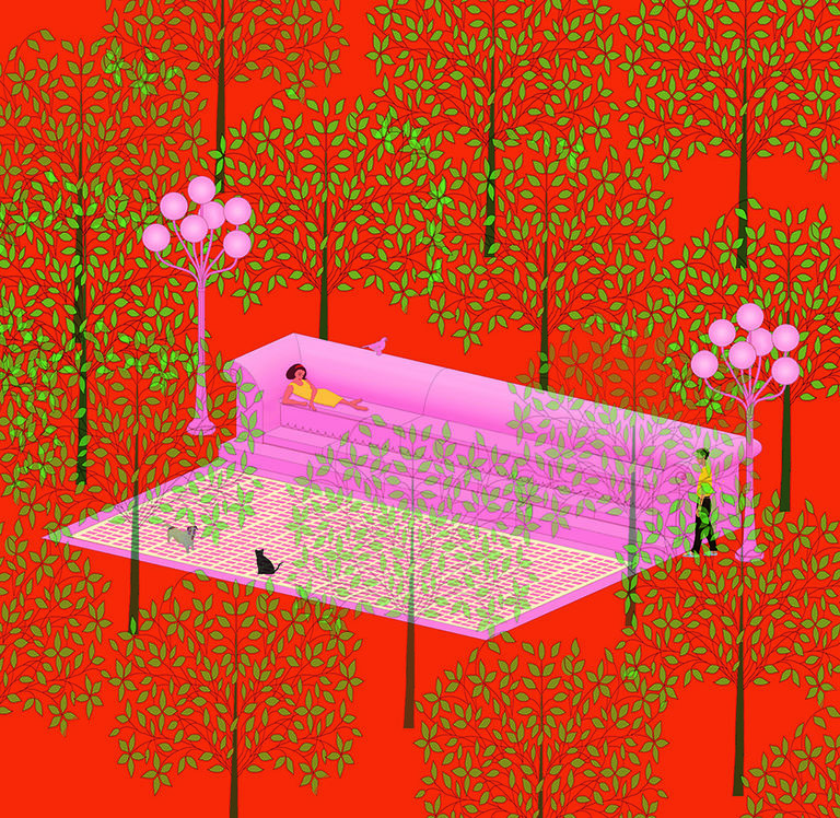 A pink couch set amongst trees with a red background.