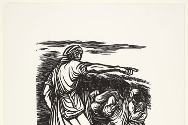 Linocut print depicting Harriet Tubman directing a group of fugitive slaves along a path of the Underground Railroad.