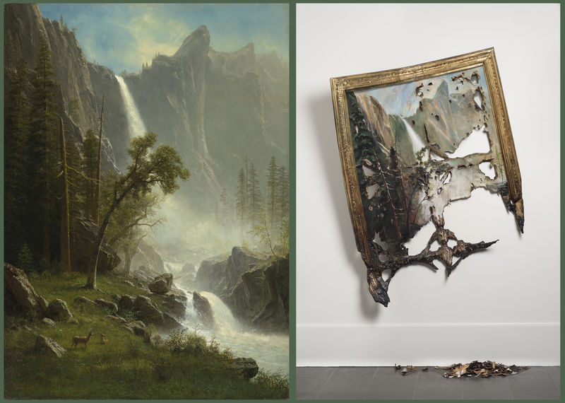 Albert Bierstadt, Bridal Veil Falls, Yosemite. North Carolina Museum of Art, Raleigh (left); Valerie Hegarty. Fallen Bierstadt. Brooklyn Museum, Gift of Campari, USA © Valerie Hegarty (right)