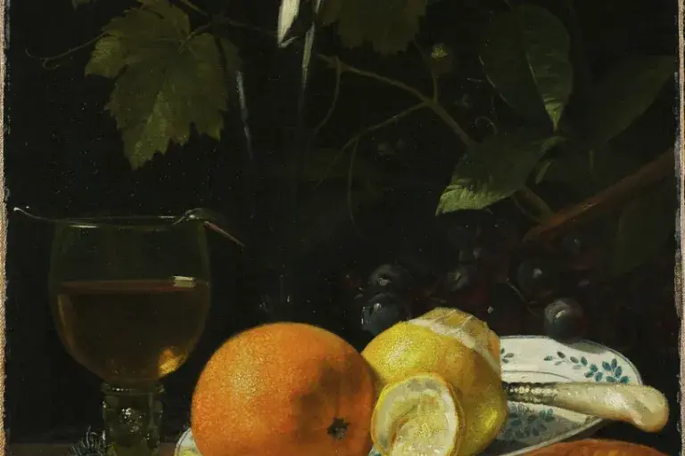 Painting of a still life with a lemon, orange, and piece of bread.