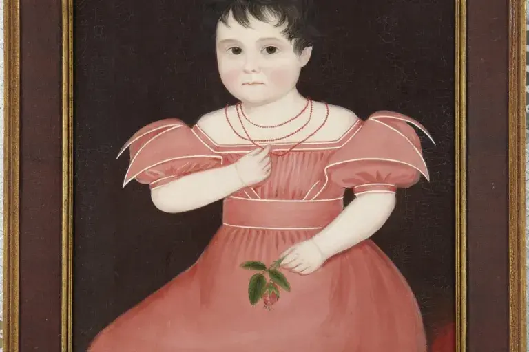 Painting of a small child in a pink dress holding a flower in their left hand.