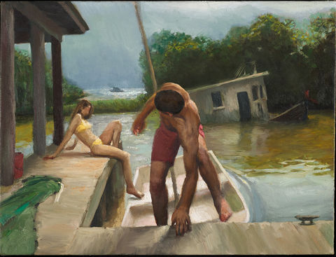 Person climbing out of a boat onto an L-shaped dock, figure reclining in background