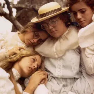 Characters from Picnic at Hanging Rock piled together.