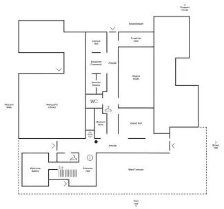 A line drawing map naming the room of the first level
