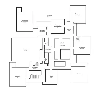 A line drawing map naming the room of the second level