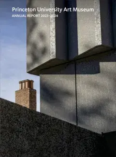 Cover of the Annual Report 2023-2024 showing the new museum exterior juxtaposed with brick chimney of a nearby campus building.