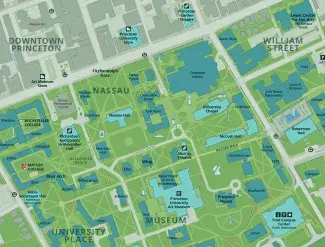 Stylized map of Princeton University Campus focused on the central location of the Museum.