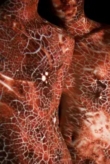 A close-up photograph of two men, focusing on their toros that have an intricate red pattern projected over them.