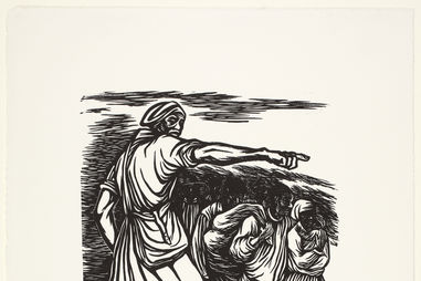 Linocut print depicting Harriet Tubman directing a group of slaves along the Underground Railroad.